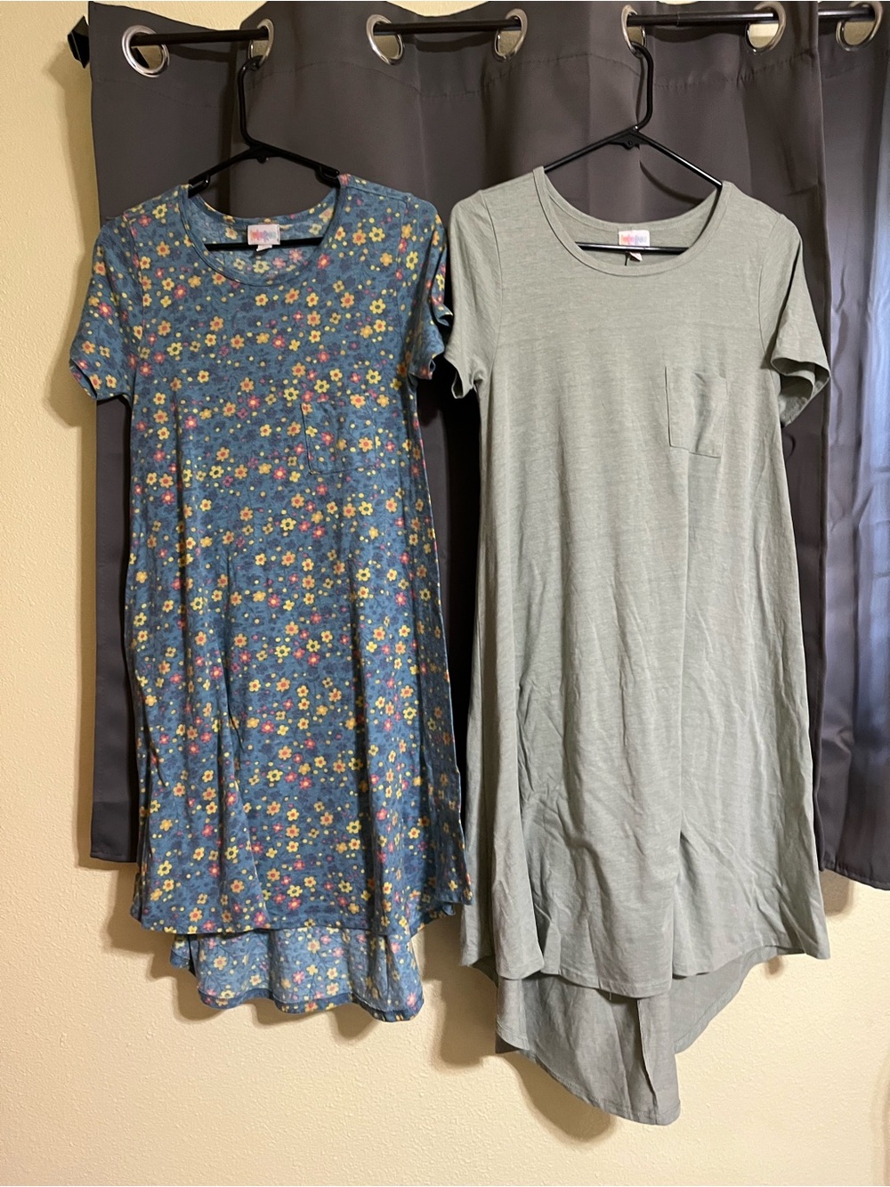 LuLaRoe Carly Floral and Solid High-Low Tee Dresses - Blue Floral & Sage Green